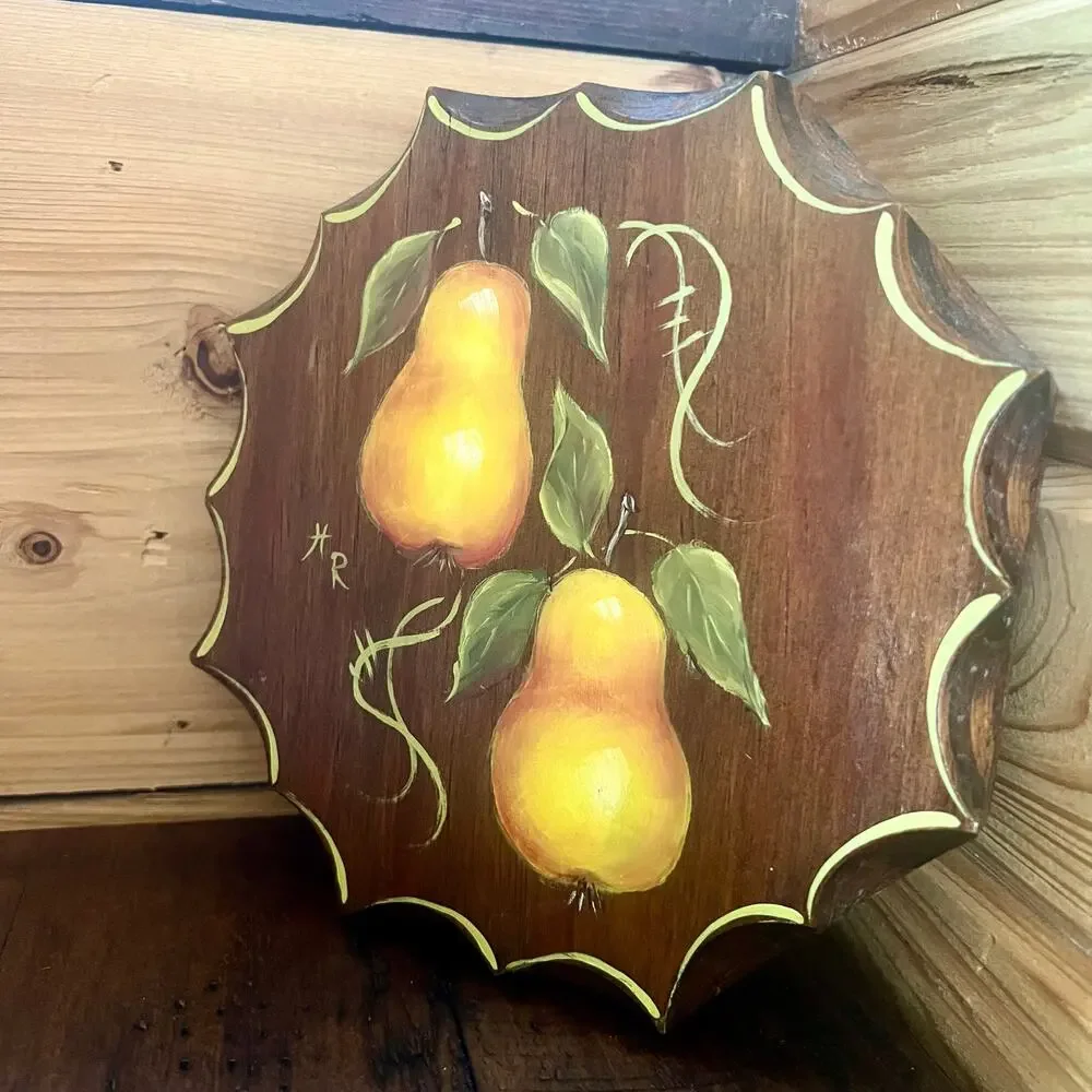 Vintage 70s Hand Painted Pear Wall Plaque Folk Art Signed Texas Kitchen Decor